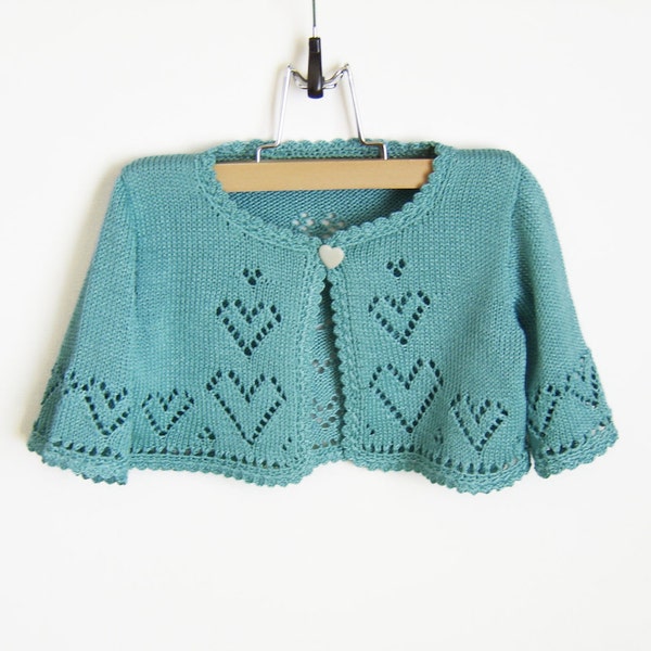 Knitted Baby Short Cardigan, Jacket - Turquoise Blue, 2 - 2.5 years