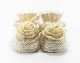Knitted Baby Booties with Crochet Flower - Natural White, Cream, 3 - 6 months