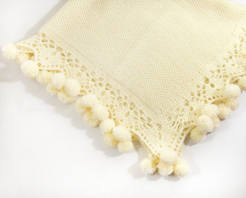 Knitted Baby Blanket With Pom Poms Cream White, Shower Gift, Knit Lace