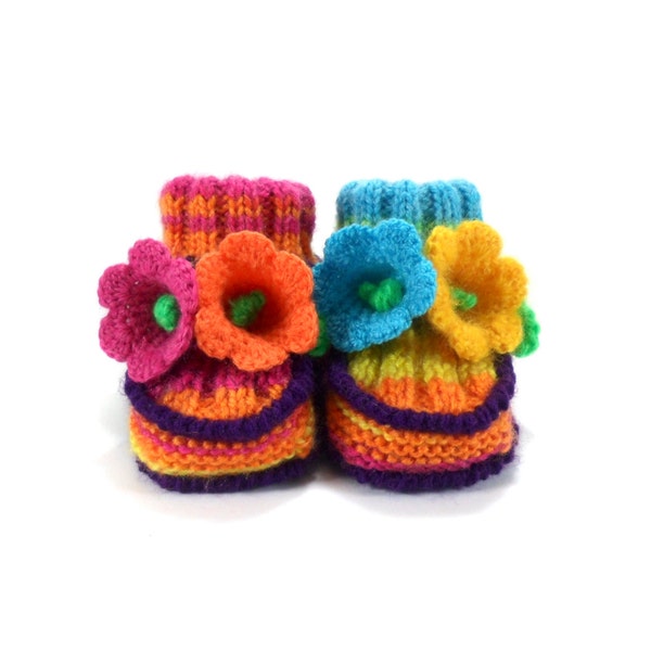 Hand Knitted Baby Booties with Crochet Bell Flowers,  0 - 3 months