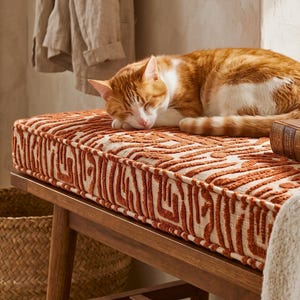 May include: A wooden bench featuring a rectangular cushion with a textured, burnt orange and cream geometric pattern. An orange and white cat is curled up asleep on the cushion next to a vintage-style hardcover book with a brown spine.