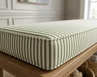 End of Bed Bench Cushion Custom Size, Green Striped Linen Bedroom Bench Pad, 2 3 4 Inch Thick Made to Measure