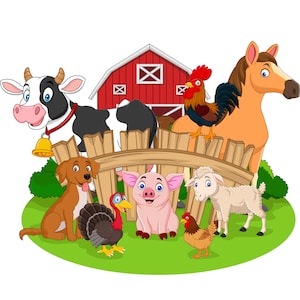 Puede incluir: Ilustración de dibujos animados de animales de granja, incluyendo una vaca, un caballo, un gallo, un perro, un cerdo, una oveja, un pavo y una gallina. Los animales están en una zona de hierba verde frente a un granero rojo y una valla de madera.