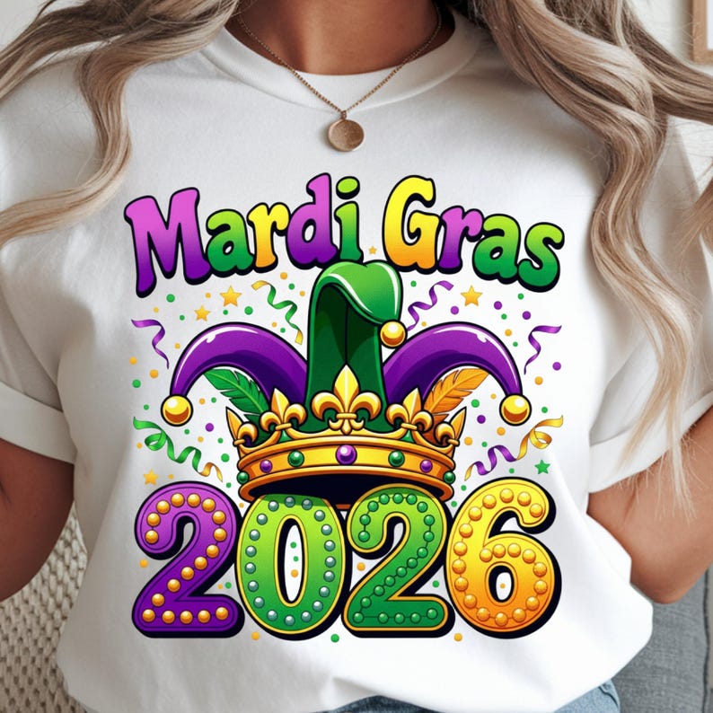 May include: White t-shirt featuring a colorful Mardi Gras design. The graphic includes the words "Mardi Gras" in purple and yellow, a green and purple jester hat, a gold crown, and the numbers "2026" in purple, green, and yellow.