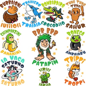 Może przedstawiać: Kolekcja kolorowych ilustracji z kreskówek przedstawiających różne zwierzęta i stworzenia, każde z unikalnym designem i nazwą. Postacie obejmują rekina, aligatora, małpę i inne, wszystkie w zabawnym stylu.