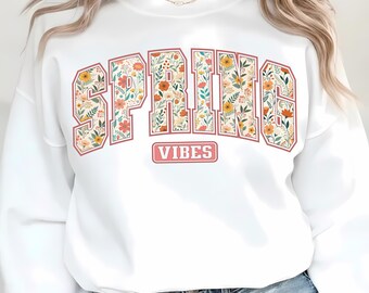 Spring Vibes Floral PNG, Retro Varsity Spring Shirt Design, Flower Letter PNG, Cute Spring Graphic, Trendy Sublimation Download