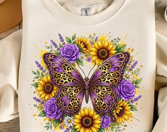 Monarch Butterfly Sunflower PNG, Floral Wildflower Design, Rustic Boho Nature Shirt Sublimation, Digital Download