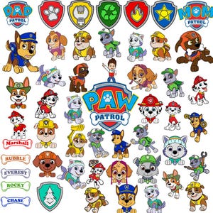 May include: A collection of colourful Paw Patrol character graphics, including Chase, Marshall, and Skye, with the Paw Patrol logo and various badge designs. The characters are in action poses, with vibrant colours and detailed designs.