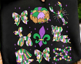 Mardi Gras Doodle Icon Set PNG – Coquette Bow & NOLA Carnival – Hand-Drawn Fat Tuesday Sublimation Clipart – Colorful NOLA Celebration