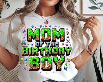 Mom of Birthday Boy PNG: Gamer Pixel Party Shirt Design (Digital Download