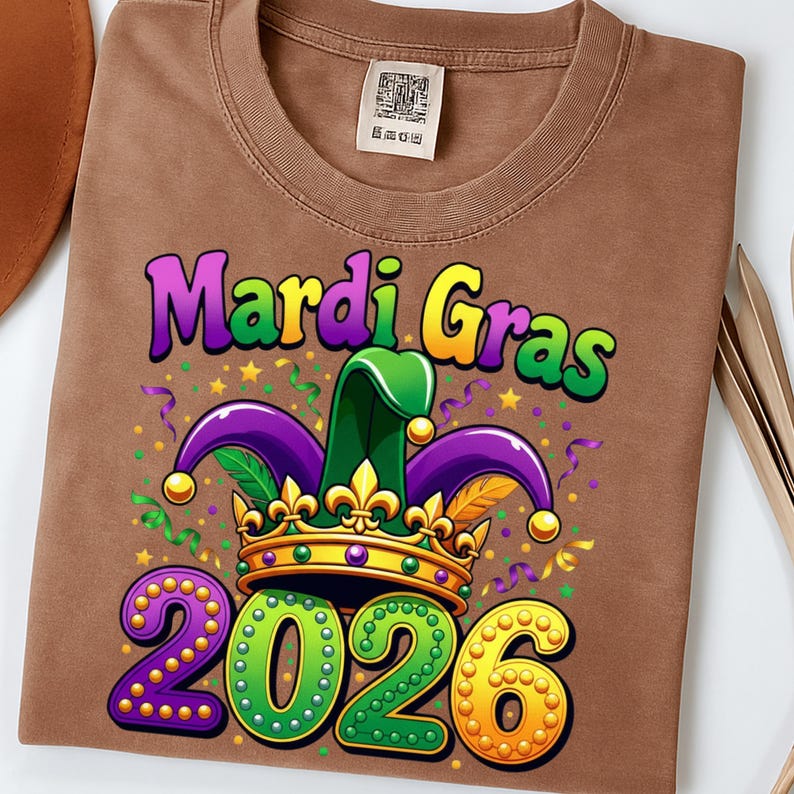 May include: Brown t-shirt featuring a colorful Mardi Gras design. The graphic includes the words "Mardi Gras" in purple and yellow, a jester hat, a gold crown, and the year "2026" in green and yellow. Confetti and stars are also included.