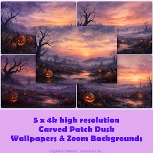 Könnte beinhalten: Fünf digitale Bilder einer Sonnenuntergangslandschaft mit einem Kürbisfeld, geschnitzten Kürbissen und kahlen Bäumen unter einem violetten und orangefarbenen Himmel. Der Text lautet: 5 x 4k high resolution Carved Patch Dusk Wallpapers & Zoom Backgrounds.