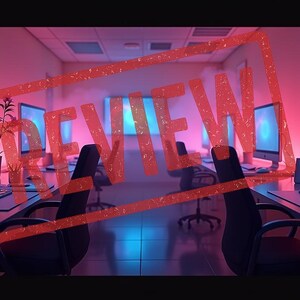 Könnte beinhalten: Ein Büroraum mit mehreren Computerarbeitsplätzen. Jeder Schreibtisch hat einen Computer, eine Tastatur und eine Maus. Der Raum wird von rosa und blauen Neonlichtern beleuchtet. Das Wort "REVIEW" ist rot über das Bild gestempelt.