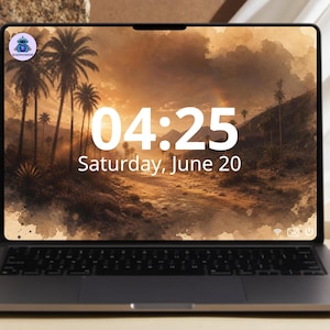 Könnte beinhalten: Ein Laptop mit einem digitalen Hintergrundbild einer Sonnenuntergangslandschaft mit Palmen. Auf dem Bildschirm werden die Uhrzeit 04:25 und das Datum Saturday, June 20 in weißem Text angezeigt. Ein kleines kreisförmiges Logo ist oben links zu sehen.