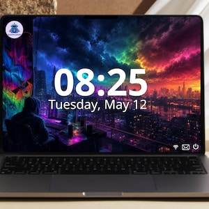 May include: A laptop displaying a digital wallpaper of a city skyline under a vibrant rainbow-colored sky. The screen shows the time 08:25, the date Tuesday, May 12, and a small circular logo in the top left corner with the text Digipicshop.