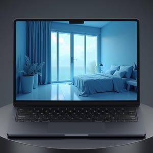 Könnte beinhalten: Ein dunkelgrauer Laptop, der eine blau getönte Schlafzimmerszene zeigt. Der Laptop steht auf einer dunklen Oberfläche, mit dem Text "Less Boring. More You." oben. Die Tastatur ist sichtbar, und der Bildschirm zeigt ein Bett, Vorhänge und ein Fenster.