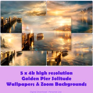 May include: Five digital images featuring a wooden pier extending into a calm lake at sunset. Each scene displays a small boat moored near the dock, with golden light reflecting on the water and misty mountains in the background. Text reads: 5 x 4k high resolution Golden Pier Solitude Wallpapers & Zoom Backgrounds. Digital Download · Personal Use.