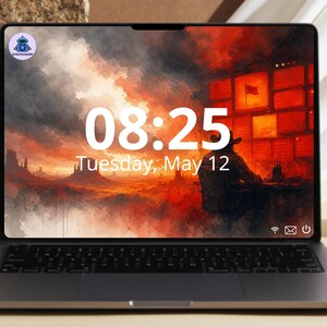 Puede incluir: Un portátil gris oscuro que muestra una pantalla digital con la hora 08:25 y la fecha martes 12 de mayo. La pantalla presenta un paisaje pictórico vibrante con la silueta de una persona en un escritorio, un pequeño logotipo circular e iconos.