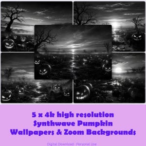 Könnte beinhalten: Eine Sammlung von fünf schwarz-weißen digitalen Bildern, die eine Landschaft voller leuchtender Kürbisse unter einem dunklen Himmel mit kahlen Bäumen zeigen. Der Text 5 x 4k high resolution Synthwave Pumpkin Wallpapers & Zoom Backgrounds ist zu sehen.