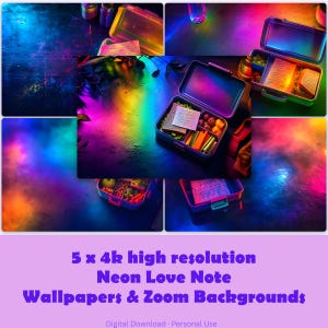 Könnte beinhalten: Eine Sammlung von fünf digitalen Bildern, die eine rechteckige Lunchbox mit einem Sandwich, Weintrauben und Karottenstiften zeigen, beleuchtet durch lebendige Neon-Regenbogenfarben. Jedes Bild enthält eine handschriftliche Notiz.