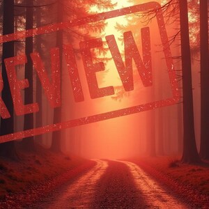 Könnte beinhalten: Ein malerischer Waldweg führt in die Ferne, gebadet in warmem, rötlich-orangem Licht. Hohe, dunkle Bäume säumen die Seiten des Weges und erzeugen eine Tiefenwirkung. Das Wort "PREVIEW" ist rot über das Bild gestempelt.