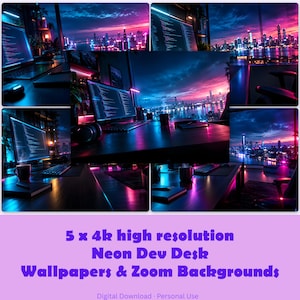 May include: Five digital high-resolution wallpapers and Zoom backgrounds featuring a developer desk setup with a computer monitor displaying code, illuminated by neon blue and pink lighting, overlooking a vibrant city skyline at night.