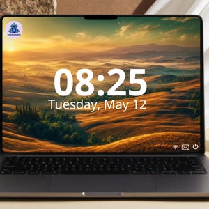 May include: A dark gray laptop displaying a digital clock showing 08:25 and the date Tuesday, May 12. The screen features a landscape wallpaper of rolling hills at sunset. A small circular logo with a robot icon and the text DIGIPICSHOP is visible.