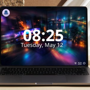 May include: A dark gray laptop displaying a digital screen with the time 08:25 and the date Tuesday, May 12. The screen features a colorful night cityscape wallpaper, a small circular logo in the top left, and icons for Wi-Fi, mail, and power.