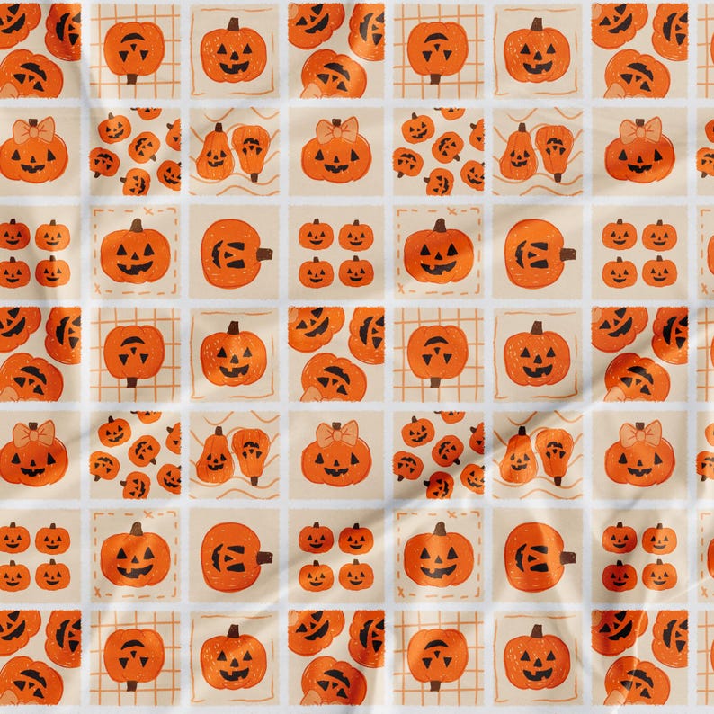 May include: A repeating pattern of orange pumpkins with carved faces and bows on a cream background. The pumpkins vary in size and design, creating a festive Halloween theme. Some pumpkins are on a grid.