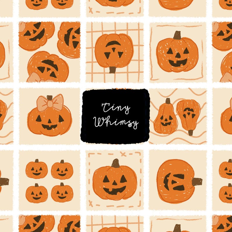 May include: A repeating pattern of orange pumpkins with carved faces on a cream background. Some pumpkins have bows, and others are paired. The words "Tiny Whimsy" are in a black square. The design has a hand-drawn, whimsical style.