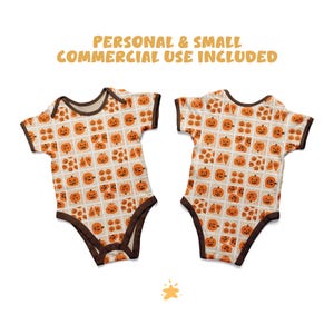 May include: Two baby onesies with a repeating pattern of orange jack-o'-lanterns on a cream background. The onesies have brown trim and short sleeves. The text "PERSONAL & SMALL COMMERCIAL USE INCLUDED" is in the image.