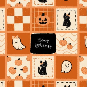 May include: A repeating pattern featuring Halloween-themed illustrations. The design includes pumpkins, black cats with bows, and friendly ghosts, set against a backdrop of orange and cream squares. The text "Tiny Whimsy" is also present.