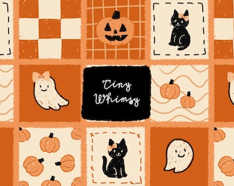 Halloween Patchwork-Muster: Katze, Geist, Kürbis (JPEG, PNG)