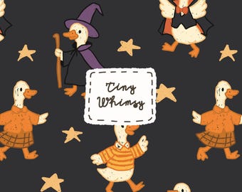 Schwarze Gans Halloween Muster, süße Ente Nahtloses digitales Papier, gruselige nahtlose Datei, Vampirgans, Handgezeichnetes Kawaii Herbst Tier Design