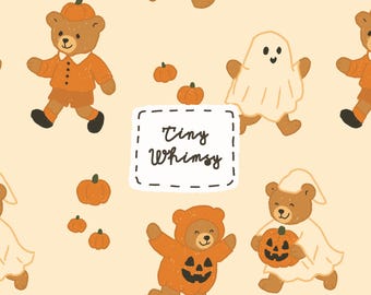 Halloween Teddy Bear Seamless Pattern: Ghost & Pumpkin (PNG JPG)