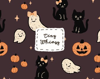 Niedlicher Halloween Musterdesign, dunkler Hintergrund, schwarze Katze Geist Kürbis, Digitales Papier, Handgezeichneter, gruseliger Kinder-Stoffdruck, Scrapbooking