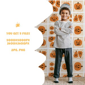 May include: A child in a striped top, grey trousers, and a grey beanie smiles in front of a pumpkin-patterned backdrop. The backdrop features orange pumpkins with different faces. Text on the left reads: "YOU GET 2 FILES, 5000X5000PX, 3600X3600PX, JPG, PNG."