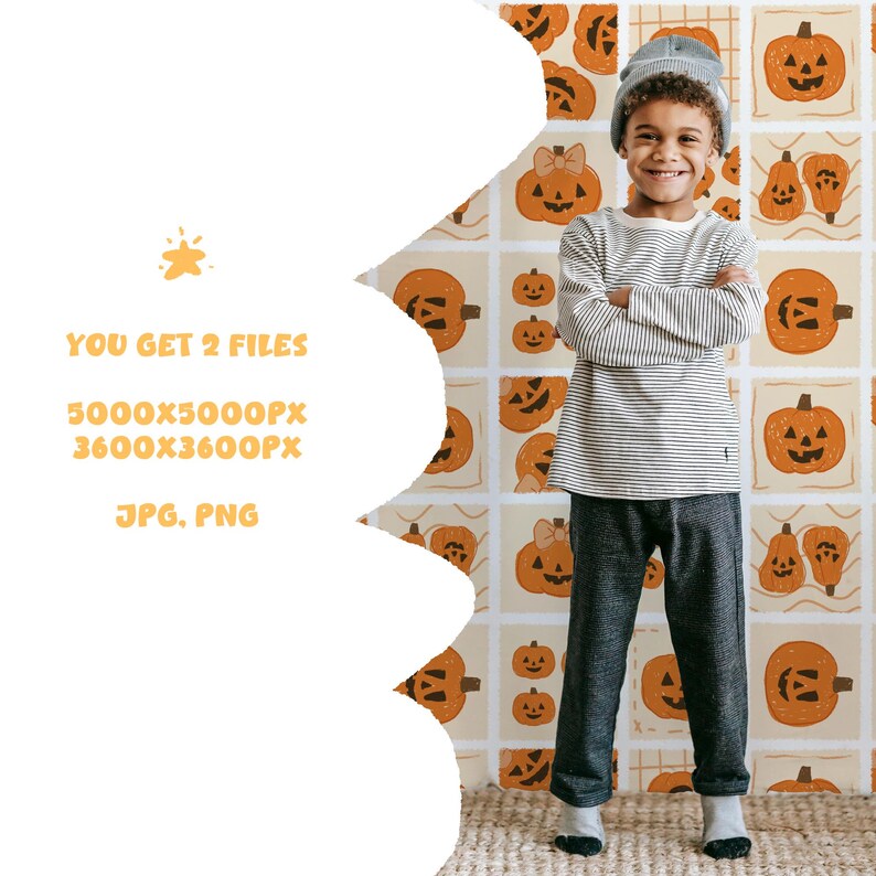 May include: A child in a striped top, grey trousers, and a grey beanie smiles in front of a pumpkin-patterned backdrop. The backdrop features orange pumpkins with different faces. Text on the left reads: "YOU GET 2 FILES, 5000X5000PX, 3600X3600PX, JPG, PNG."
