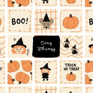 Op de afbeelding: Een herhalend patroon met Halloween-illustraties. Het ontwerp bevat pompoenen, heksenhoeden, muizen en de zinnen "BOO!" en "TRICK OR TREAT." De centrale afbeelding heeft de tekst "Tiny Whimsy" op een zwarte achtergrond.