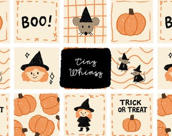 Halloween Patchwork-Muster: Hexe, Kürbis, Maus (Digitales Papier)