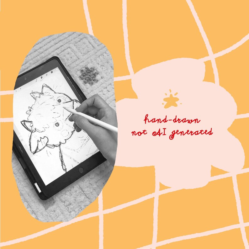 May include: A tablet displaying a hand-drawn illustration of a fluffy animal, being drawn with a stylus. The image is set against a yellow background with a grid pattern and a pink floral shape. Text reads "hand-drawn not AI generated."