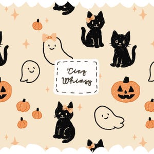 May include: A repeating pattern featuring black cats with bows, smiling ghosts, and jack-o'-lanterns on a cream background. The text "Tiny Whimsy" is in a white rectangle. Orange stars and pumpkins complete the Halloween-themed design.
