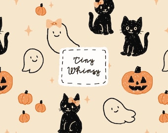 Cute Halloween Seamless Pattern, Hand-Drawn Ghosts & Cat, Light Background, Digital Download, Kids Halloween Design