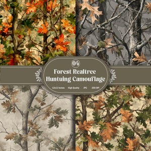 Könnte beinhalten: Vier Tafeln mit Waldtarnmustern. Die Designs zeigen Baumzweige und Blätter in Grün-, Braun- und Orangetönen. Der Text "Forest Realtree Hunting Camouflage" wird auf einem Banner angezeigt.