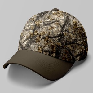 May include: A camouflage baseball cap with a brown peak and a button on top. The cap features a pattern of brown, tan, and green, resembling a forest scene. The hat is designed for outdoor activities.