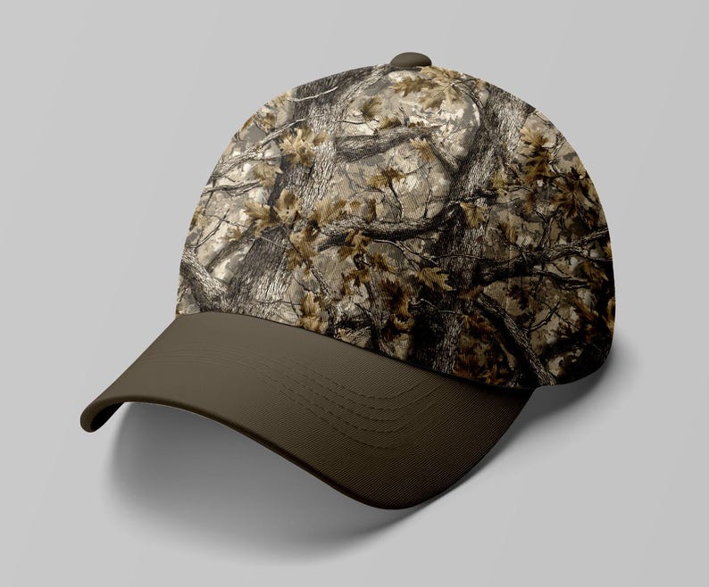 May include: A camouflage baseball cap with a brown peak and a button on top. The cap features a pattern of brown, tan, and green, resembling a forest scene. The hat is designed for outdoor activities.