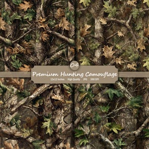 May include: A seamless pattern of premium hunting camouflage featuring a detailed design of tree bark, branches, and leaves in shades of brown, green, and tan. The image includes the text "Premium Hunting Camouflage" and dimensions of 12x12 inches.