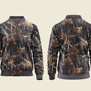 May include: A bomber jacket featuring a camouflage pattern with brown, green, and black tones. The jacket has a gray collar, cuffs, and waistband. The front and back of the jacket are visible, showcasing the full design.
