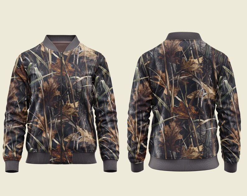 May include: A bomber jacket featuring a camouflage pattern with brown, green, and black tones. The jacket has a gray collar, cuffs, and waistband. The front and back of the jacket are visible, showcasing the full design.