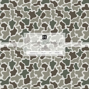 May include: A seamless camouflage pattern featuring irregular organic shapes in shades of dark green, olive, and light gray. A central white rectangular box contains the text 01 Seamless Camouflage Pattern, 12x12 inches, EPS-10, JPG, 300 DPI.